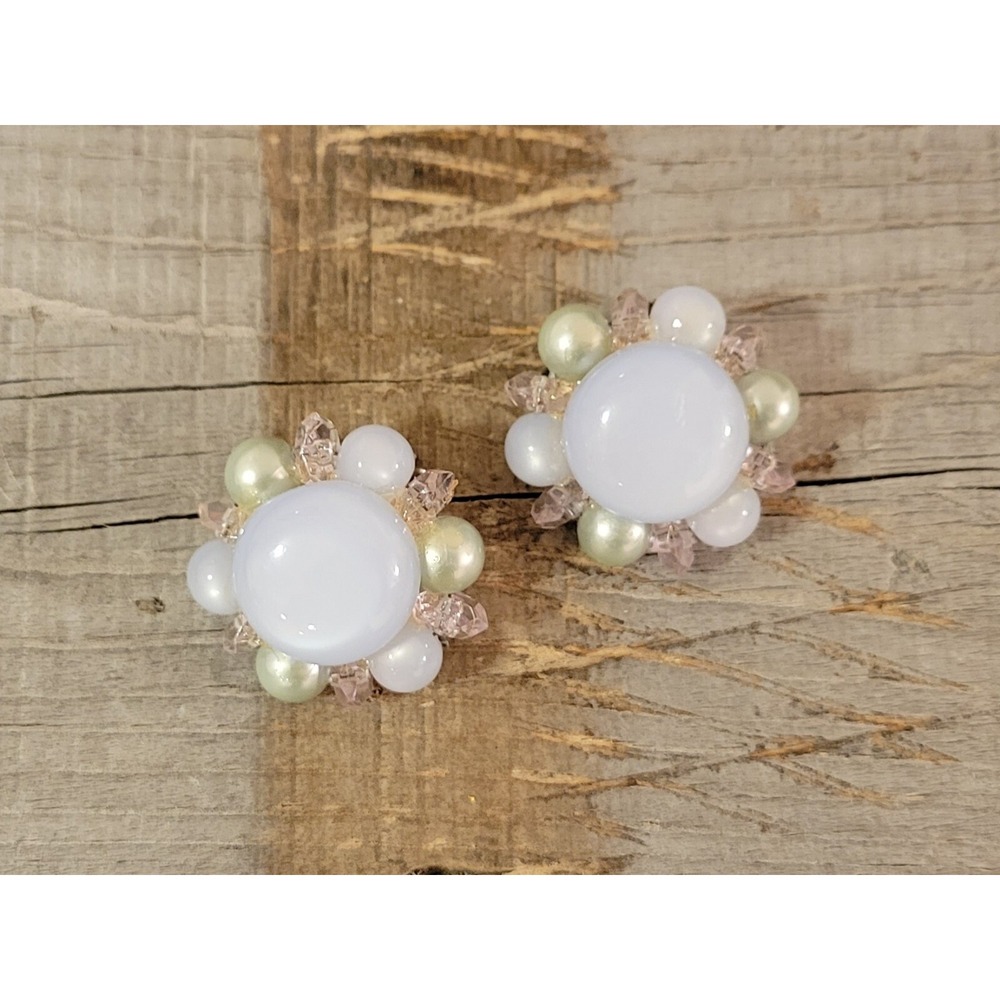 Vintage Flower Clip On Earrings‎ Pearl Beaded Statement Elegant - Picture 2 of 14